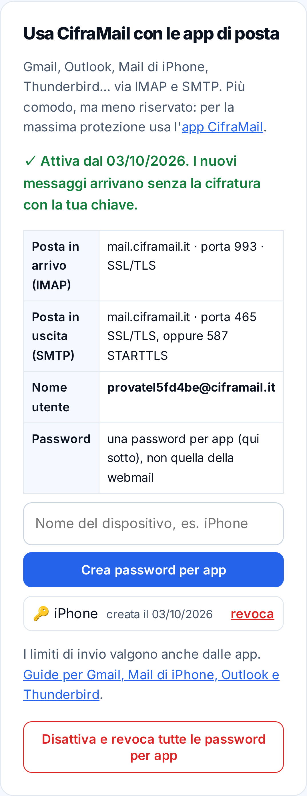 Account → Impostazioni → Usa Avvocato.pro con le app di posta